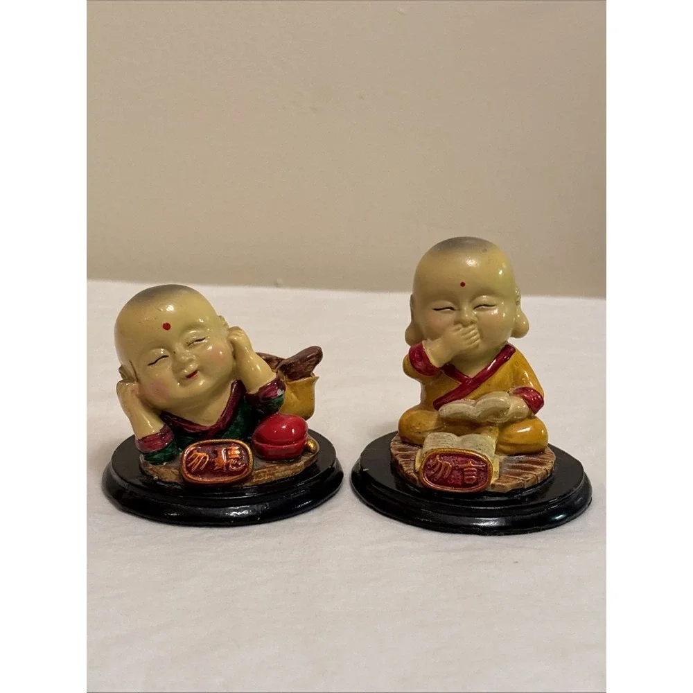 Set of 2 Baby Buddha Figurines Paperweights Hear No Evil Speak No Evil Decor